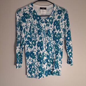 AGB Teal and White Floral Zip Cardigan